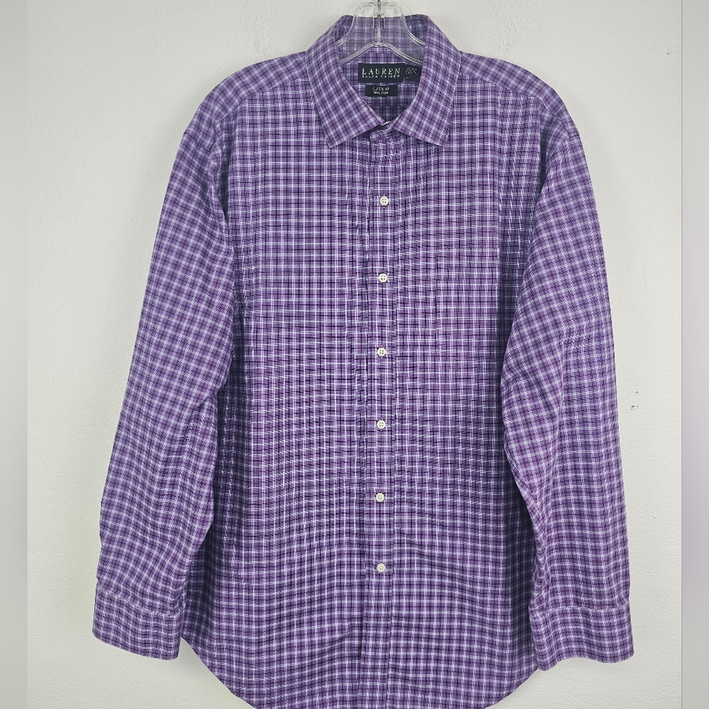 Lauren Ralph Lauren Sz 17.5 34-35 Purple White Check Button Up Shirt Classic